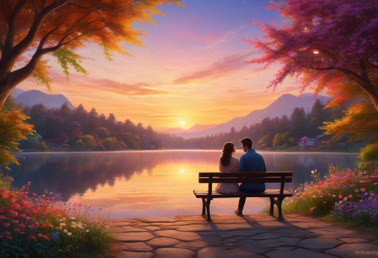 A romantic scene depicting a couple at sunset, sharing a heartfelt conversation on a cozy park bench, surrounded by blooming flowers symbolizing trust and growth. Elements like intertwined hands and soft glowing lights enhance intimacy. The background features a serene lake reflecting the vibrant colors of the sky. super-realistic. warm tones. peaceful atmosphere.