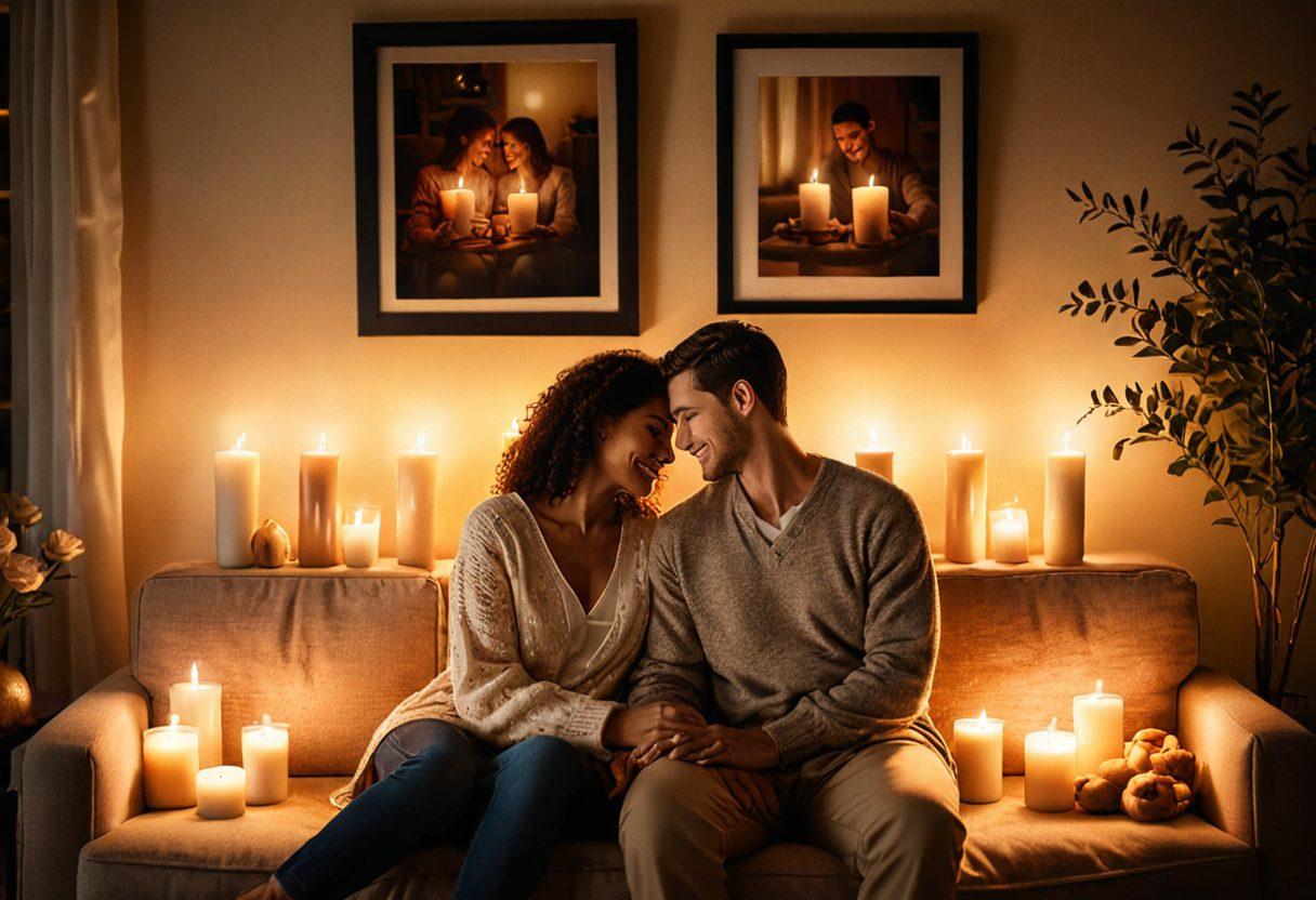 A couple sitting on a cozy sofa, sharing a warm embrace in a softly lit living room, surrounded by romantic decor like candles and framed photos. Their expressions reflect deep affection, while glowing heart shapes subtly float in the background, symbolizing emotional connection. The overall atmosphere is intimate and inviting, with warm colors enhancing the scene. super-realistic. soft lighting. vibrant colors.